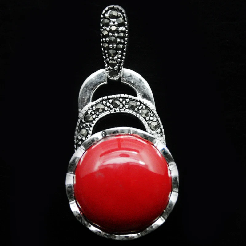 

VINTAGE 925 STERLING SILVER RED CORAL MARCASITE NECKLACE PENDANT 40X20MM