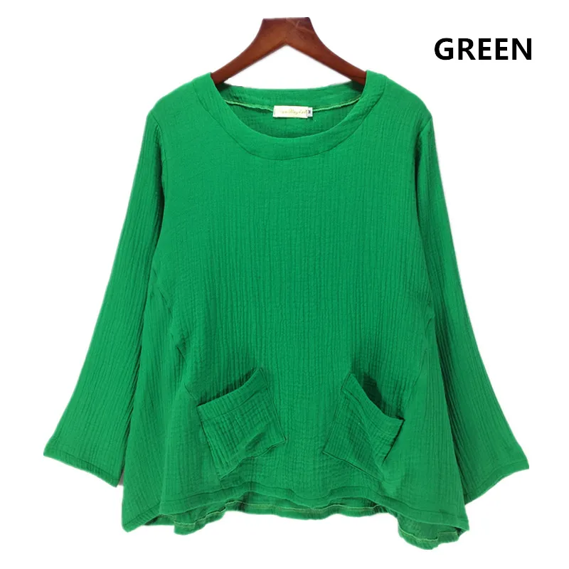Весна-Осень, женские блузки и рубашки с длинным рукавом, Женские повседневные Рубашки, Топы больших размеров, S-5XL 6XL, хлопковые льняные блузы - Цвет: Зеленый