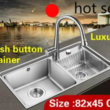 Квартира роскошный двойной кухонный паз раковина Кнопка слив 304 нержавеющая сталь Горячая 82x45 см