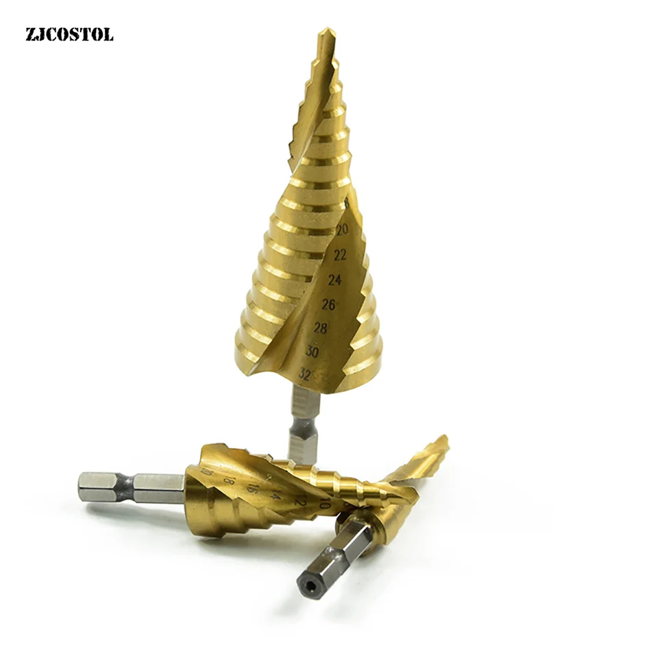

ZJCOSTOL Step Drill Bit Set For Metal Titanium Coated Spiral Flute HSS Steel Cone Drill Bit For Wood cut Tool Set Hole Cutter