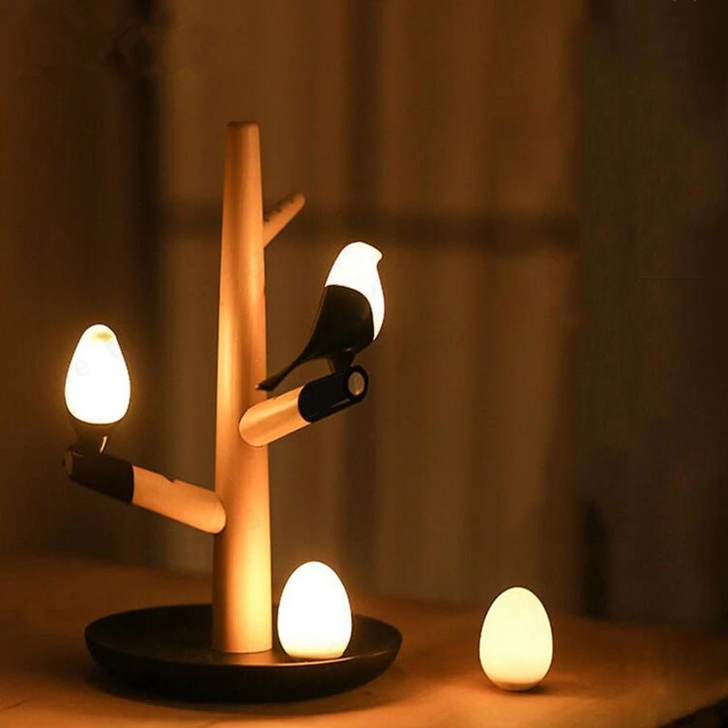 GZMJ Chinese Style Lucky Bird LED Night Table Lamp Wood Base  Intelligent Motion Sensor Luminaria Living Room Bedroom Desk Light