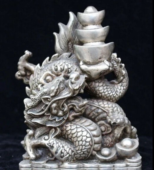 

8" Chinese Mythos Silver Royal Palace Year Zodiac Dragon Wealth Yuanbao Statue R0707