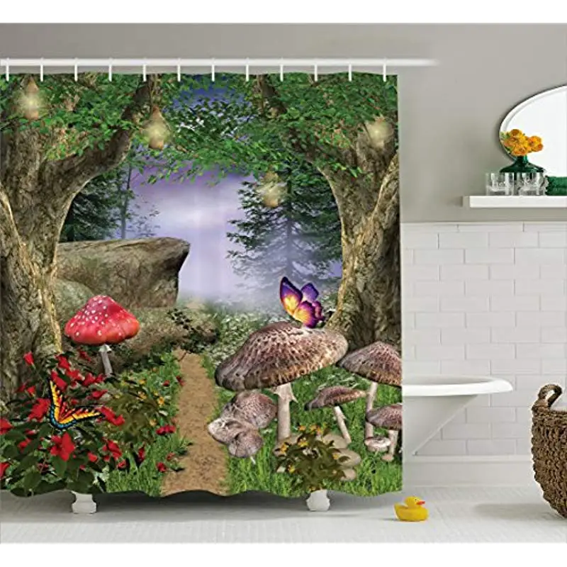 

Vixm Mushroom Shower Curtain Enchanted Nature Pathway with Magical Butterflies Fairytale Landscape Rocks Fabric Bath Curtains