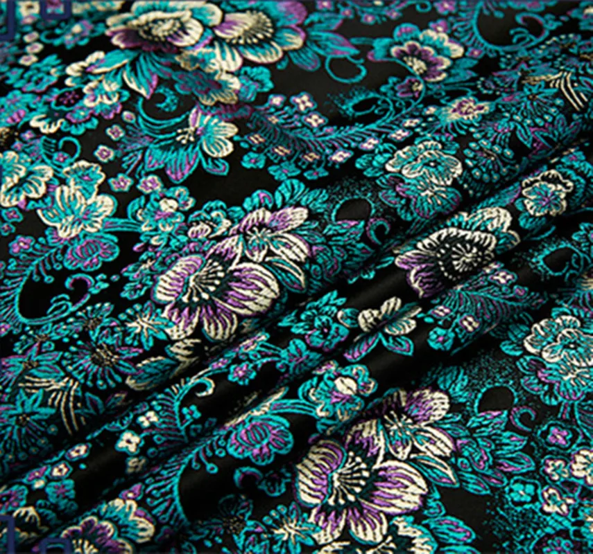 Черный цветок Металлик Жаккардовая парча ткань, 3D жаккардовая ткань, пряжа окрашенная ткань для женщин пальто платье Дамасская парча 75*50 см