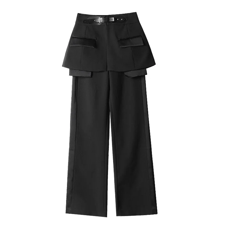 Women's suit 2019 leather belt short skirt girdle + trousers two sets of fall feeling wide leg pants female two-piece | Женская