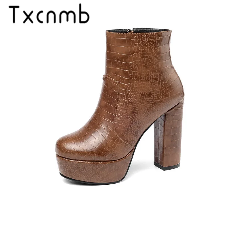 

TXCNMB 2019 High Quality Pu Leather Boots Women Lace Up Autumn Winter Ankle Boots for Women Platform High Heels Boots