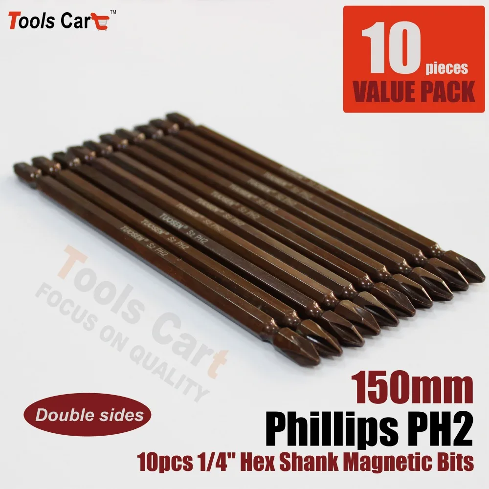 

10pcs 150mm 1/4 Inch Hex Shank Magnetic Phillips Head Screwdriver Bit with Double Sides 150S-PH2