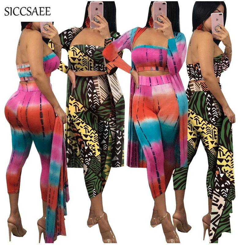 Tie Dye Printed 3 Piece Set Women Tube Bodysuit Strapless Crop Top Maxi Cardigan Long Sleeve Sexy Korean Cape Cloak Fall 2018