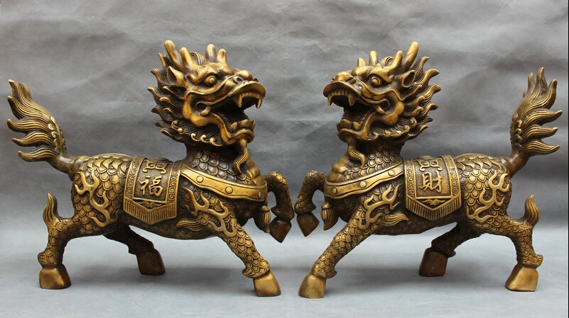 

JP S0608 14" Chinese Bronze Folk FengShui Wealth Cai Fu Dragon Kylin Unicorn Statue Pair