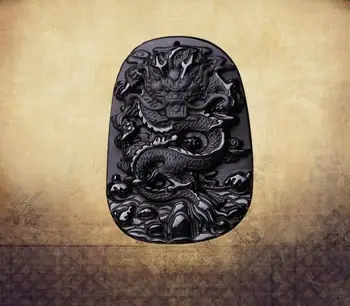 

The new light spot of natural Obsidian Dragon Pendant Necklace Zodiac dragon carved scrub domineering male and female models