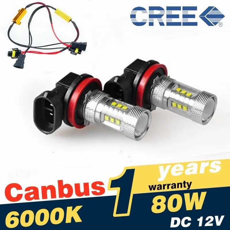 2X H11 16*5 Вт CREE чип CANBUS фонарь светодиодный лампы ошибок 6000 К Белый H8 Foglight светодиодный + H8/H11 авто светодиодный декодер нагрузочного резистора