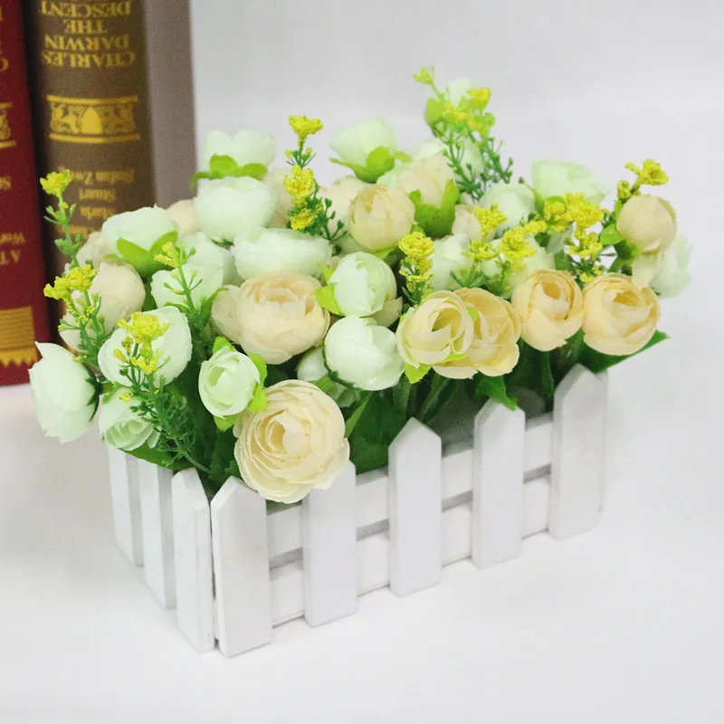  Flone Wedding Decor Artificial Tea Rose Simulation Artificial Flowers Small Potted Plant Fake Rose Set With White Picket Fence (6)