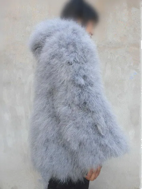 Натуральное меховое пальто с капюшоном для женщин на осень и зиму, меховые пальто с натуральным страусиным пером, Длинные Модные Стильные теплые меховые пальто 70 см, меховая куртка C125