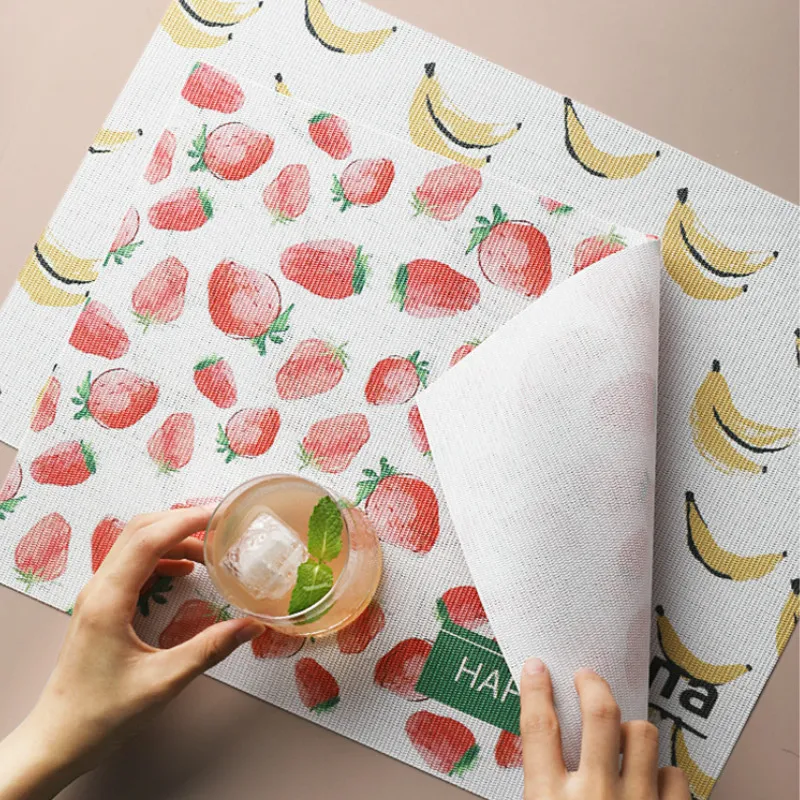 

DUNXDECO Table Placemat Dinner Mat Knitted PVC Plate Cover Pad Hot Insulation Cute Fruit Banana Strawberry Kitchen Fresh Decor