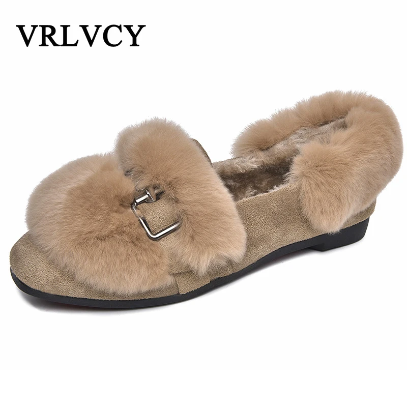 

Women's shoes winter warm rabbit fur boots 2018 new plus velvet fur shoes female peas shoes flat snow boots women