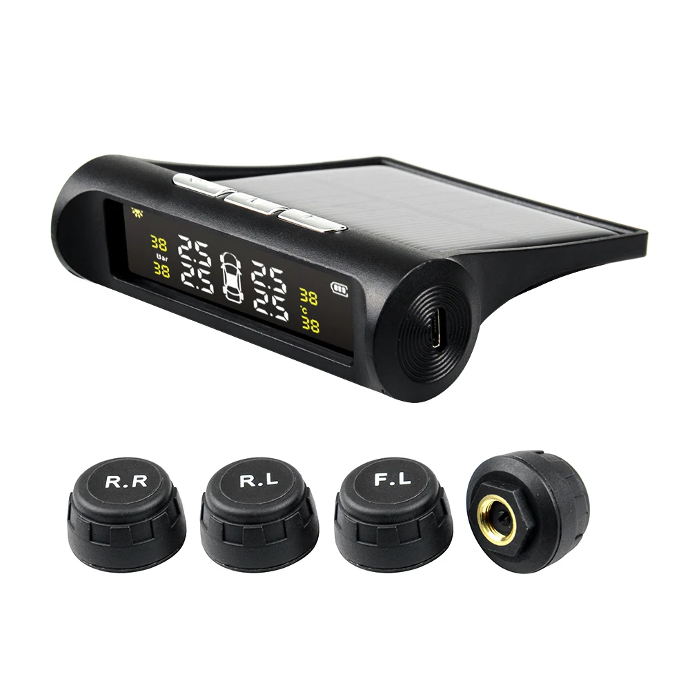 TPMS Car Tire Pressure Solar Power USB Monitoring System LCD Display 4 External Sensors Temperature Warning