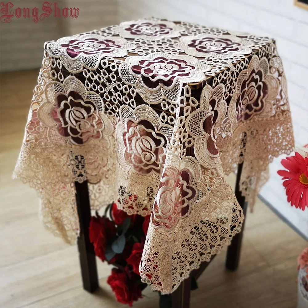 

Creative Luxury Burgundy Organza Hollow Out Rose Embroidered Table Cover