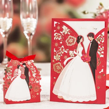 

50pcs Red Wishmade Laser Cut Wedding Invitation Cards With Bride & Groom Invites Engagement Bridal Shower, Customized