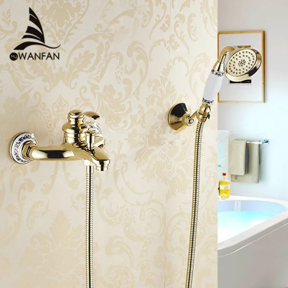 Wall mounted Golden Brass Blue And White Porcelain Bathroom Bathtub Faucet Handheld Shower Head Shower Faucet Mixer Tap HJ-6790