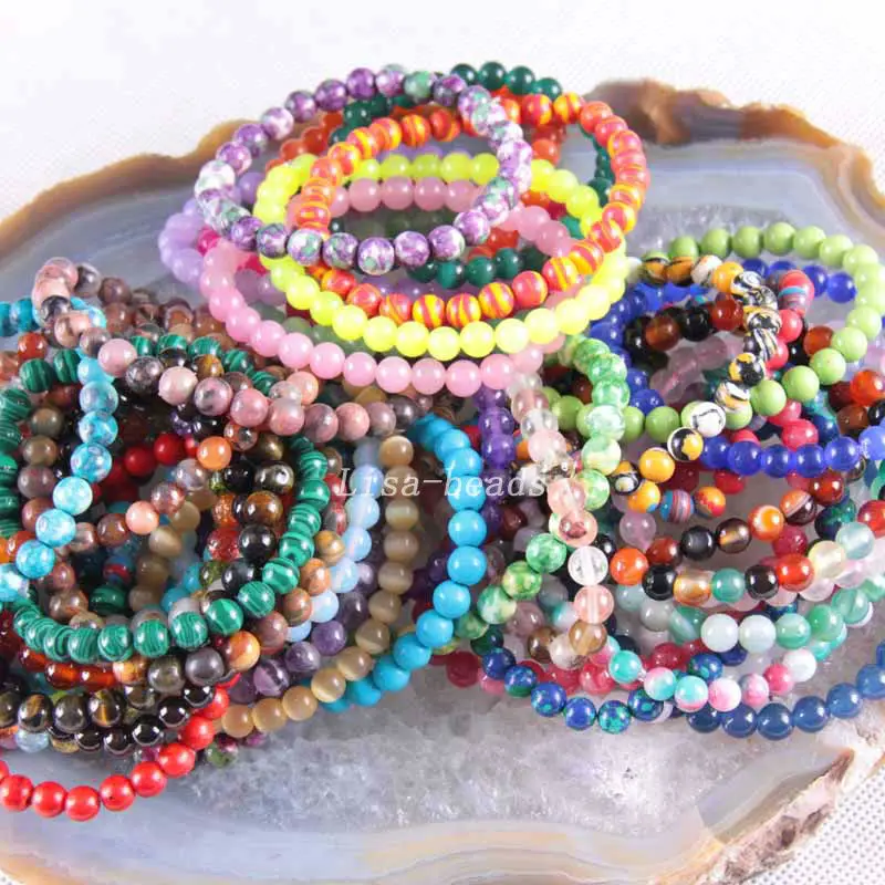 

Stretch 6mm Round Beads Natural Stone Onyx Quartz Lapis Opal Howlite Bracelet 7.2" 1Pcs LH1500-1512