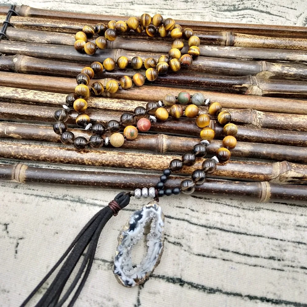 Lii Ji Natural Tiger's Eye Smoky Quartz Picasso Jasper Druzy Pendant Leather Bohemia Long Necklace Drop Shipping Lii Ji Natural Tiger's Eye Smoky Quartz Picasso Jasper Druzy Pendant Leather Bohemia Long Necklace Drop Shipping