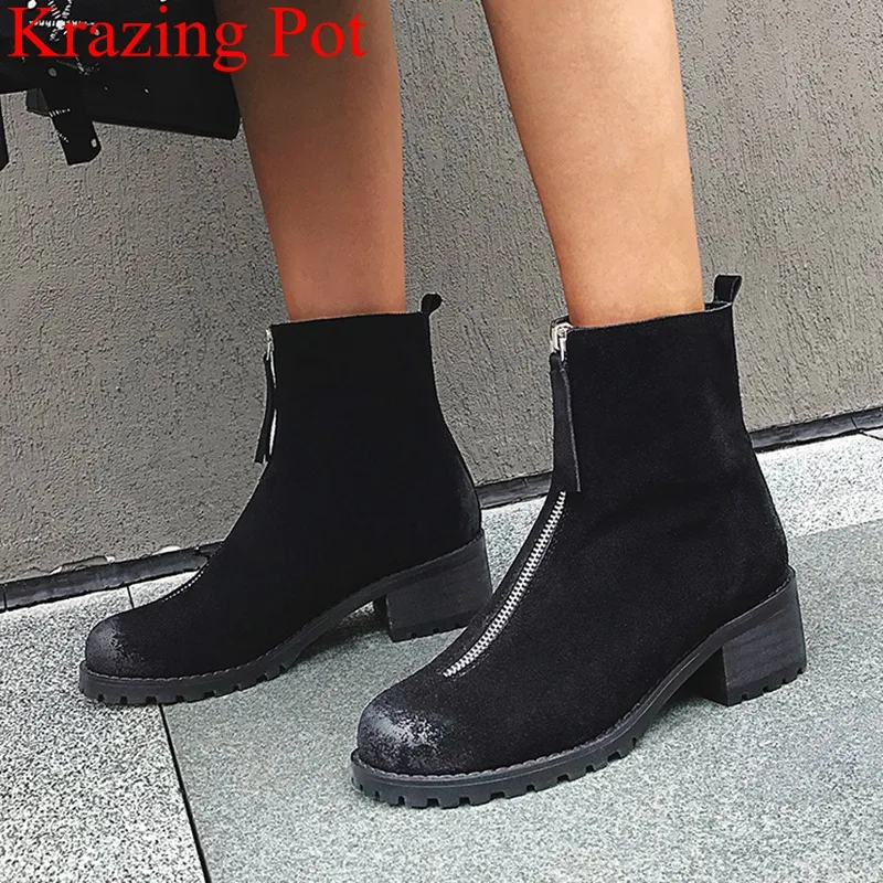 

2018 new arrival genuine leather platform zipper square high heels women ankle boots keep warm retro elegant winter shoes L02