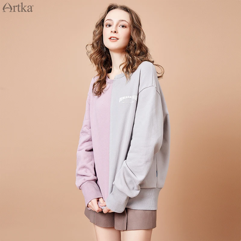 ARTKA 2019 Новый женский лоскутный цветной Свитшот хлопок с круглым вырезом печать буквы Пуловеры Женская одежда VA10499C
