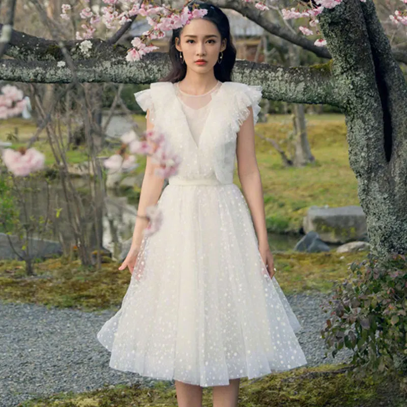 

Cute Princess White Dress 2019 Women See Though Ruffles Polka Dot Mesh Ball Gown Dress Female Tunic Lace Dress Vestido Lunares