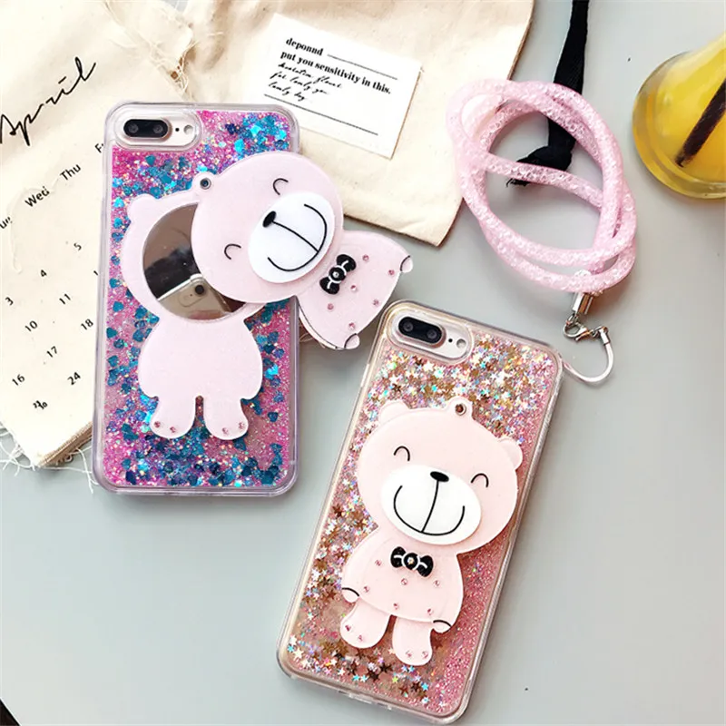 For iPhone 6 6S 7 8 Plus X XS MAX XR Fashion Cute Bear Cat mirror Bling Liquid sand quicksand shell soft Phone case Back cover |