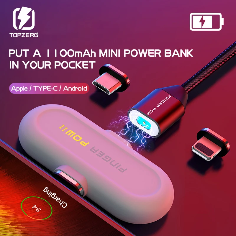 Fingerpow 1100 мАч Мини банк питания для iPhone/Android/Type C Магнитный USB кабель зарядки данных