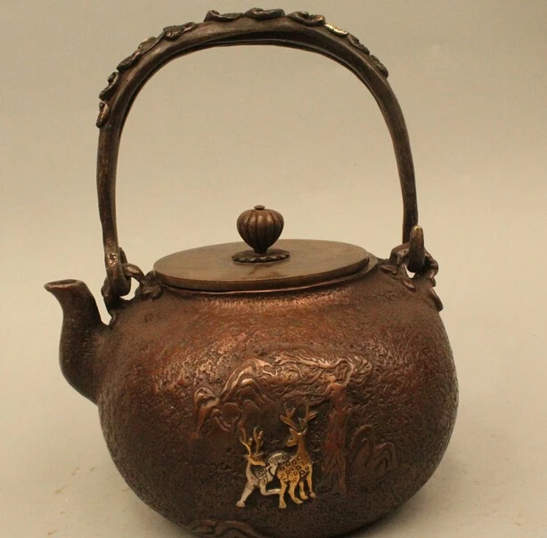 

wholesale factory 8"Archaic Japan Japanese Iron Lucky crane Deer Kettle Wine Tea Pot Flagon