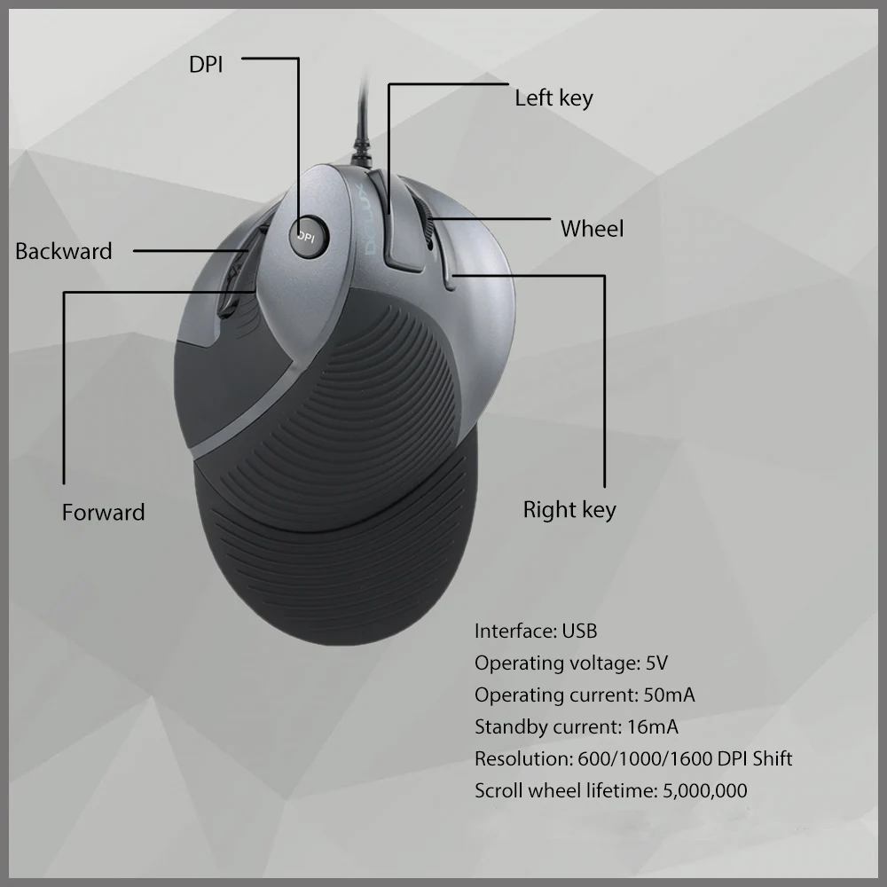 Delux USB Проводная мышь эргономичная Вертикальная оптическая компьютерная мышь регулируемая 1600 dpi 5D кнопки со съемной подставкой для рук