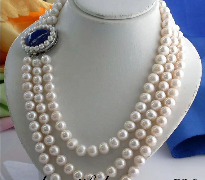 

fast z1990 3row 11mm round white freshwater pearl necklace lapis