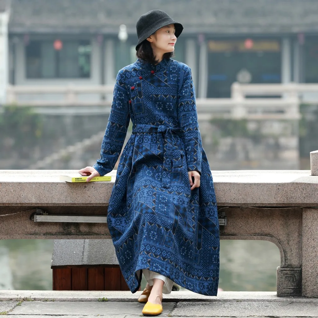 

Women Navy Print Cotton Linen Robe Dress Retro Ladies Loose Vintage National Dress Female Loose Qipao Dress Cheongsam Autumn