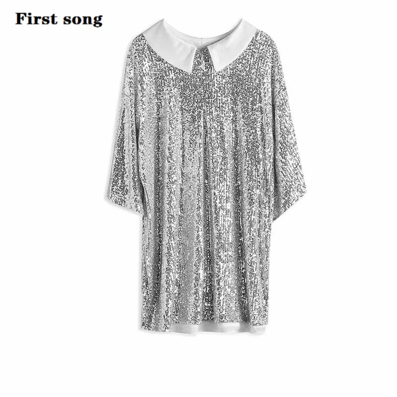 Women's sequined dress sexy dress First song 2019New summer Round neck sequins elegant white dress mini dress women's clothing