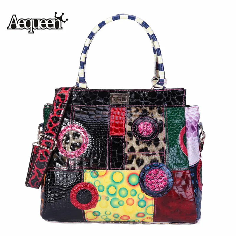 

AEQUEEN Genuine Leather Crossbody Bags Women Geometric Patchwork Shoulder Bag Ladies Woman Handbag Bolsas Feminina Random Color