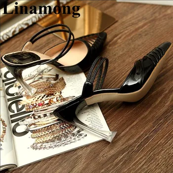 

Summer Newest Crystal Gradient Heel Fashion Pointed Toe And Thin high Heel Patent Leather Narrow Band Sexy Women Sandals