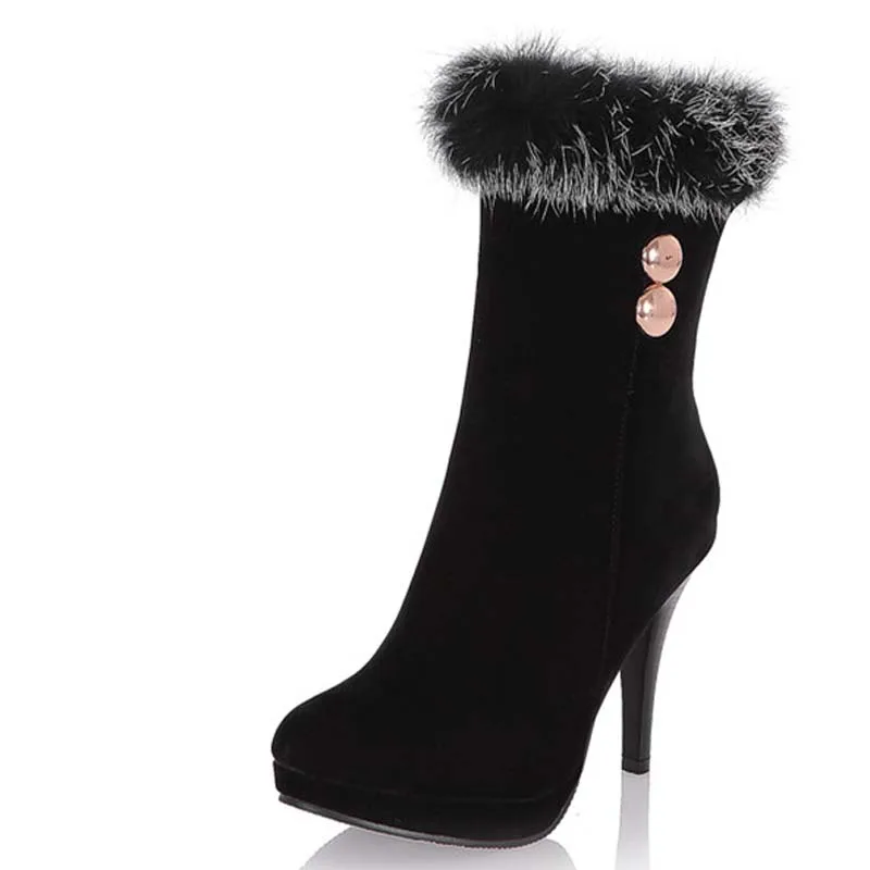 

Rabbit Fur Flock Women Boots Zip Thin Heels Round Toe High Boots New Big Size34-43 Winter Black Red wine Snow Boots Hot