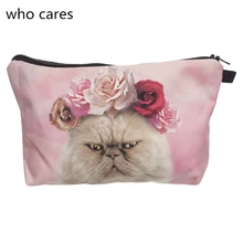 Who Cares Cosmetic Bag Women Neceser Portable Make Up Bag 3D Print Pink Roses Cat Organizer Bolsa feminina Travel Toiletry Bag