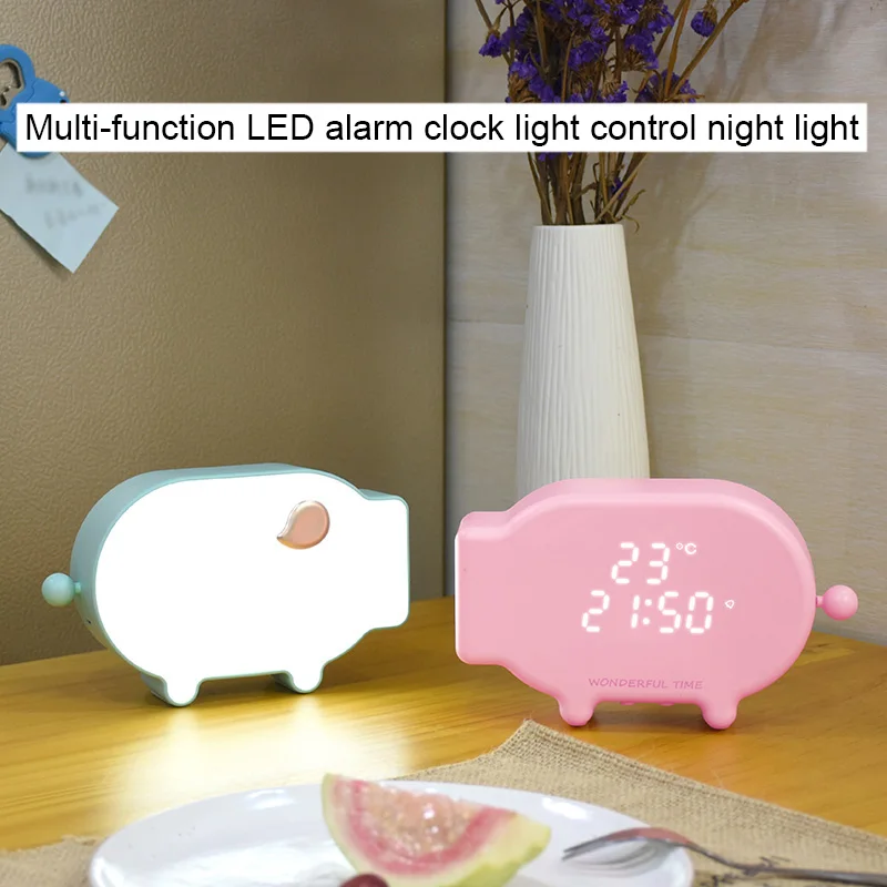 

Multifunction Cartoon Pig Alarm Clock Temperature Lamp Function USB Charge Clock for Bedroom HVR88