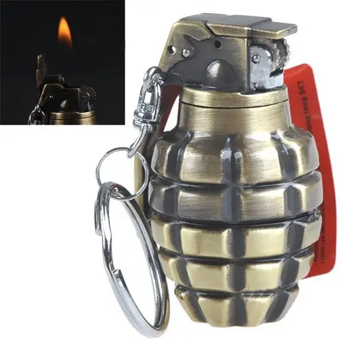 Grenade Shaped Butane Jet Flame with Key Chain Cigarette Lighter Bronze