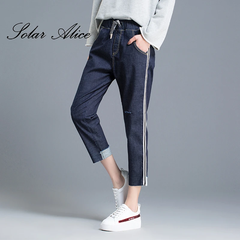 

SOLAR ALICE Free Shipping Elastic Waist Women Ripped Jeans Pockets Lace-up Pencil Pant Plus Size Loose Side Stripe Female Jeans