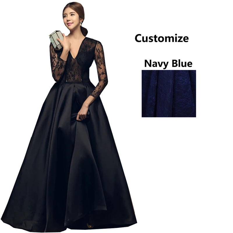 Robe De Soiree Длинные рукава бургундские Длинные вечерние платья длина до пола Винтажный кружевной топ дешевые платья для выпускного вечера - Цвет: Тёмно-синий