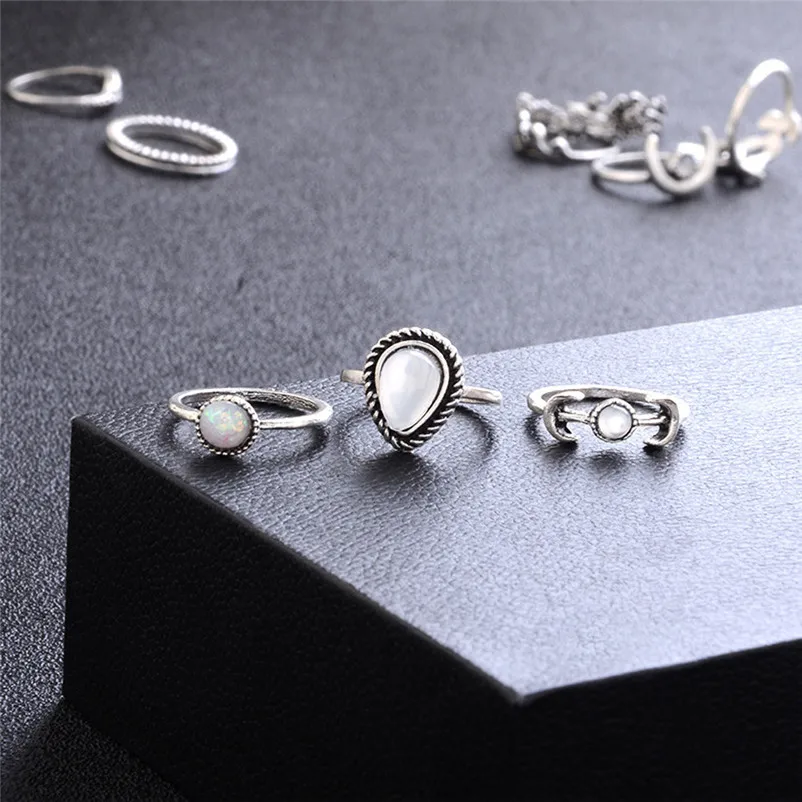 2018 Hot New Arrival Fashion Women Bohemian Vintage Silver Stack Rings Above Knuckle Blue Rings for women Ring Set J19#N (6)