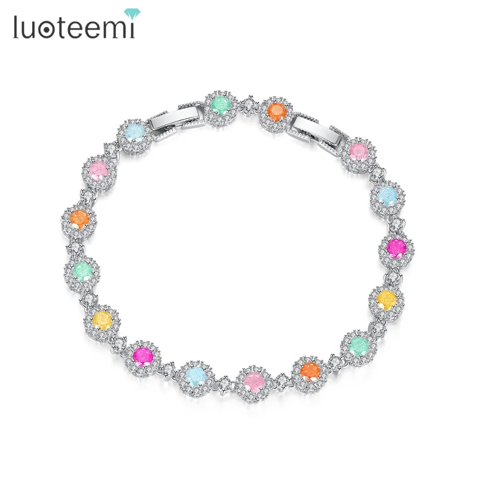 

LUOTEEMI New Geometric Bracelet for Women Girls Wedding Banquet Exquisite Blue or Colorful Cubic Zircon Fashion Jewelry Bijoux