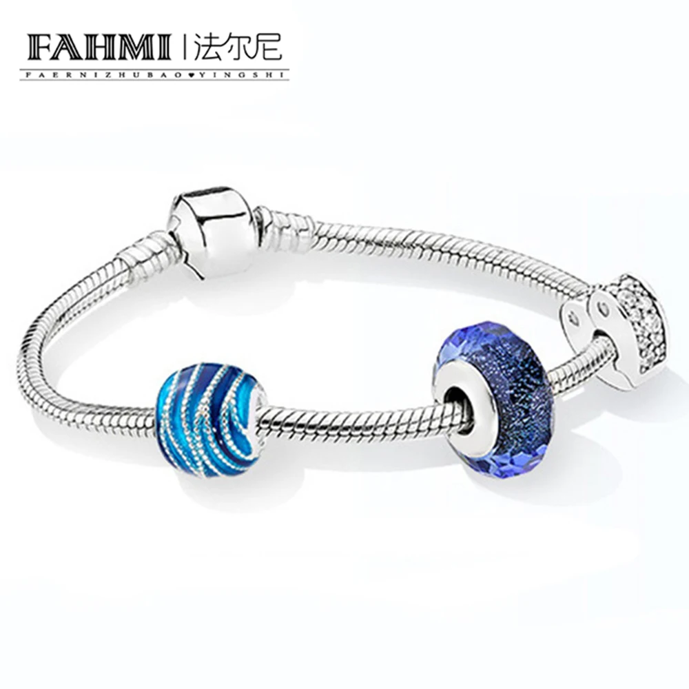 

FAHMI 100% 925 Sterling Silver Brand New Bracelet Set Dark Blue Ocean Charm Temperament Bracelet Set Fit DIY Gift