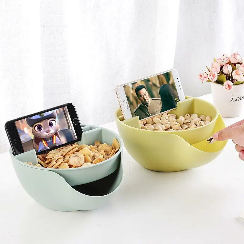 

Convenience Double Layer Plastic Dry Fruit Food Containers Melon Seed Nut Bowl Candy Snack Storage Box With Phone stand