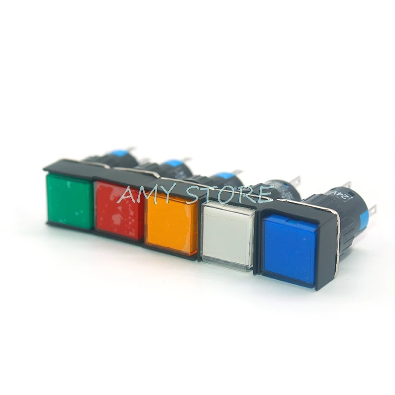 5pcs 16mm 5Pin Push Button Self-Lock Latching Switch Square LED Lamp Light DC 6V 12V 24V AC220V YELLOW WHITE GREEN WHITE BLUE