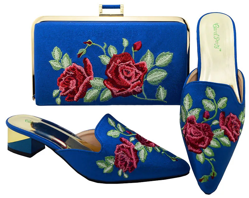 Free shipping 3d flower embroidery 1.5 inches heel slippers with matching clutches evening bag 2018 italy design SB8091-2