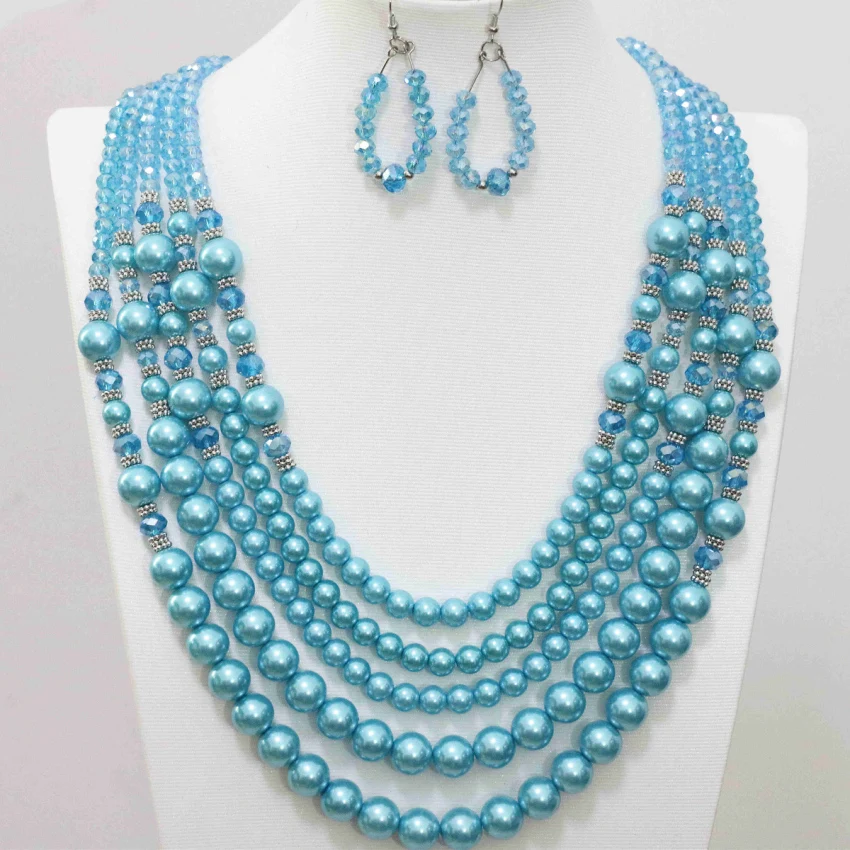 5rows necklace earrings sky blue simulated-pearl shell glass beads original elegant jewelry set for women jewelry set B983-14